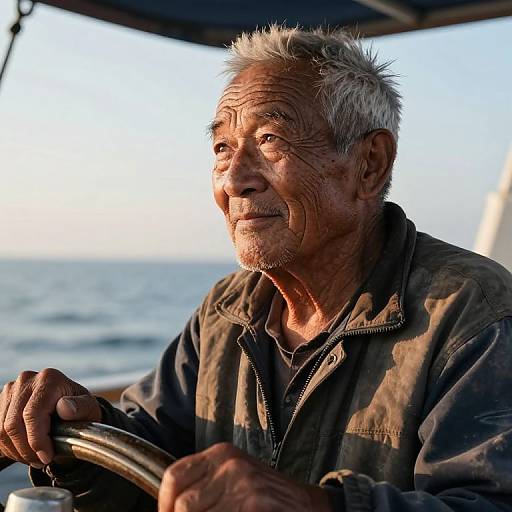Photograph of an elderly man with weathered skin, white hair, and a beard, wearing a dark jacket, steering a boat at sunset.
