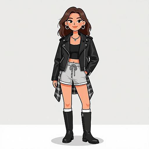 Digital drawing of a stylish young woman with medium brown skin, wavy dark brown hair, wearing a black leather jacket, white shorts, black crop top