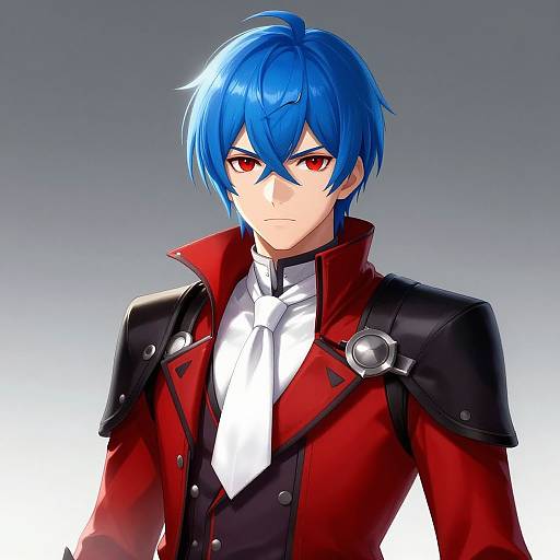 Digital anime-style drawing of a blue-haired, red-eyed young man with a stern expression, wearing a red and black military-style jacket with white shirt and