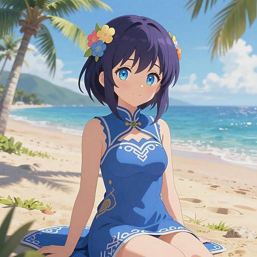 Cute Anime Girl on a Sunny Beach