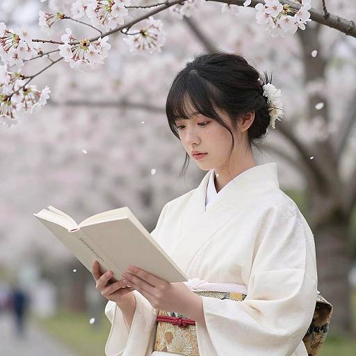 Serene Asian Girl Reading Under Blossoms