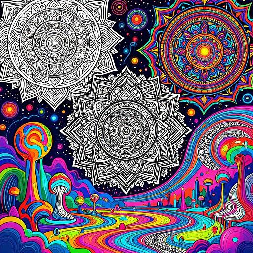 Vibrant, psychedelic digital artwork featuring intricate black line mandalas on a colorful, swirling cosmic background with neon oranges, blues, purples,
