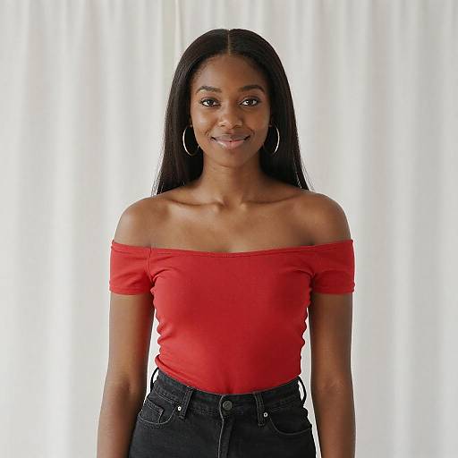 Confident Black Woman in Red Off-Shoulder Top