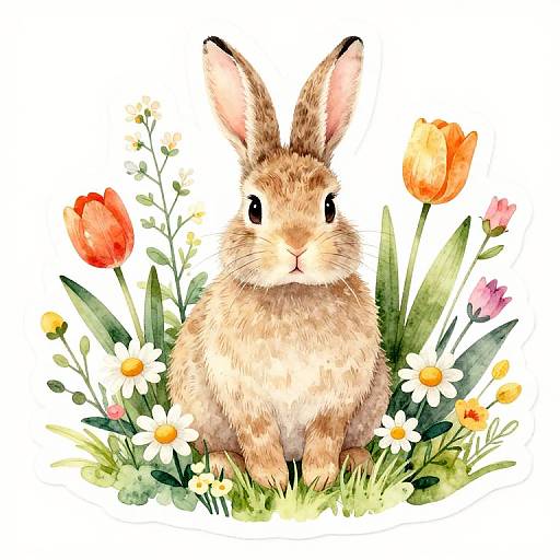 Watercolor illustration of a cute, fluffy brown rabbit surrounded by vibrant orange, red, and yellow tulips, white daisies, and green grass