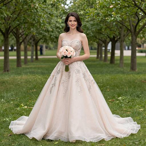 Photograph of a smiling bride with dark hair, wearing a strapless, white lace wedding gown, holding a bouquet of white roses, standing in a