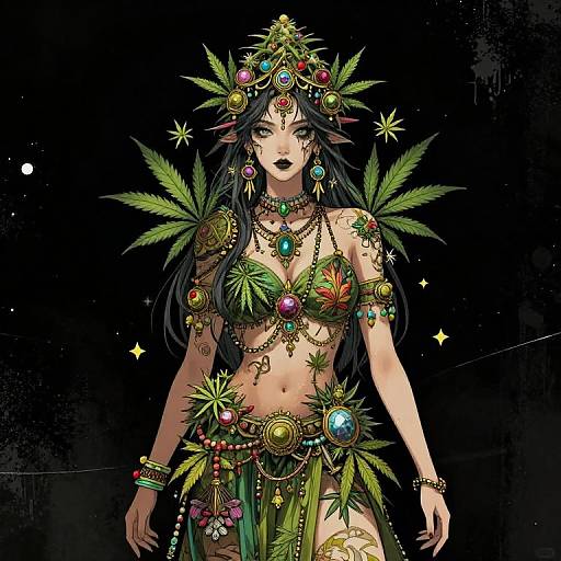 Digital artwork of a dark-haired, green-eyed, elf-like woman wearing a marijuana leaf-adorned bikini and jewelry, set against a black starry