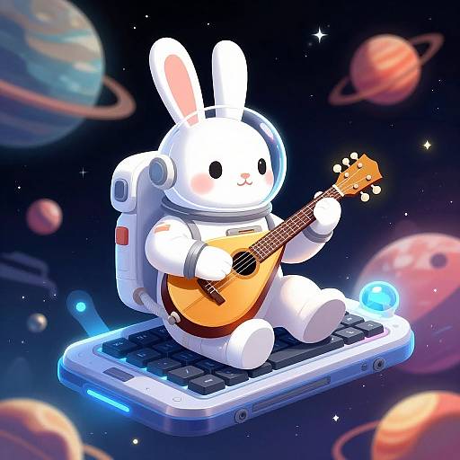 Rabbit Astronaut Playing Mandolin in Space