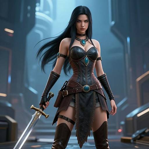 CGI fantasy scene of a fierce, black-haired woman in dark leather armor, holding a sword, with blue gem accents, in a futuristic, dim