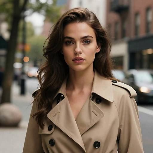 Photograph of a young woman with long brown hair, wearing a beige trench coat with black buttons, standing on a blurred urban street.