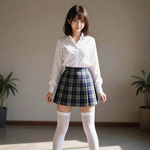 Photograph of a young Asian woman with shoulder-length black hair, wearing a white blouse, blue plaid skirt, and white thigh-high socks, standing