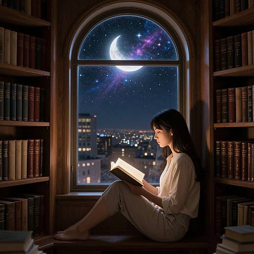 Photograph: Silhouetted woman with long black hair, in white dress, reads book by moonlit window, surrounded by bookshelves,