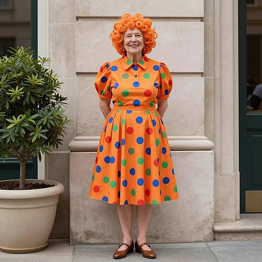 Elderly Woman in Retro Miss Frizzle Costume