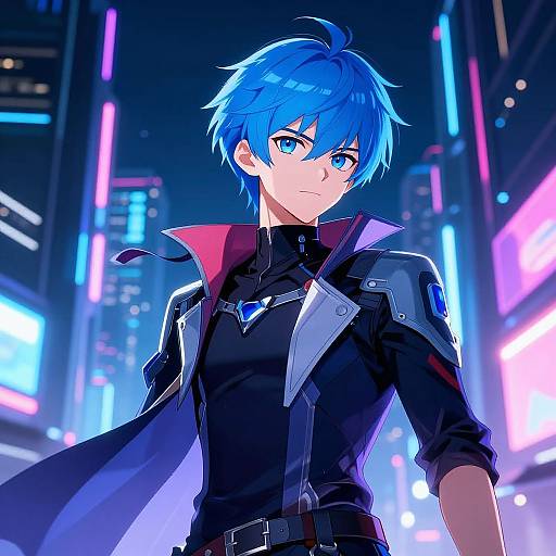 Futuristic Blue-Haired Anime Hero