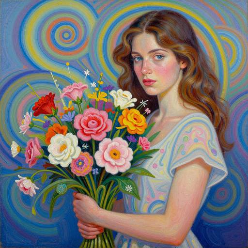 Digital painting of a young woman with wavy brown hair, holding a vibrant bouquet of flowers against a psychedelic blue and green swirl background. She wears a