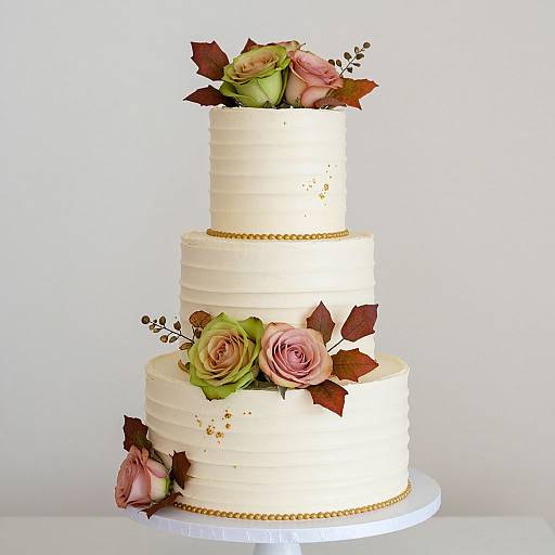 Photograph of a three-tiered white wedding cake with green and pink roses, brown leaves, and gold dots, set against a plain white background.