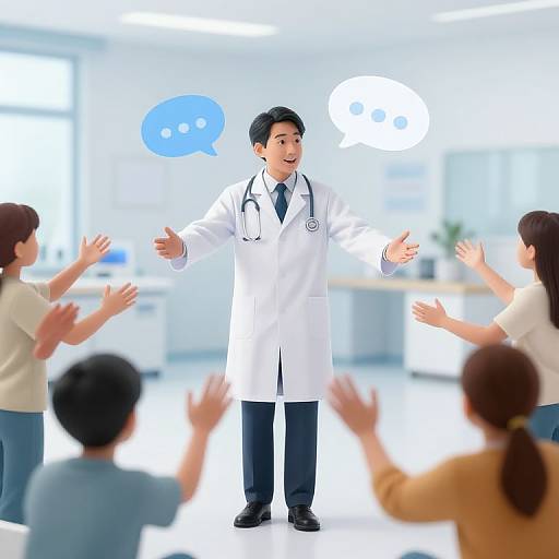 Photograph of an Asian male doctor in a white lab coat, with a stethoscope, standing in a bright, modern office, addressing four patients