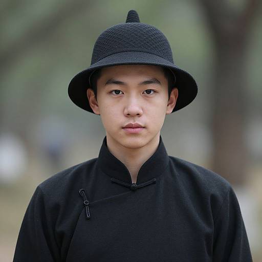 Photograph of an Asian man with fair skin, wearing a black woven hat and high-collar black jacket, standing outdoors with a blurred green and brown background