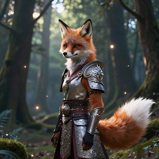 Digital artwork: Anthro fox warrior with orange fur, white tail tip, and metallic armor standing in a mystical forest with glowing lights.