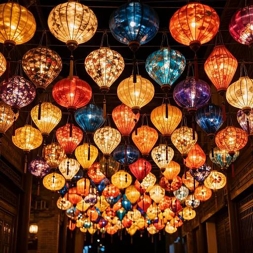 Vibrant photograph of colorful, glowing paper lanterns in orange, red, blue, and purple, hanging overhead in a narrow alley at night.