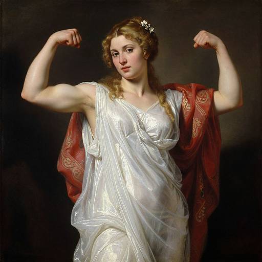 Classical painting of a strong, fair-skinned woman with wavy blonde hair, flexing her arms in a white draped gown, red patterned