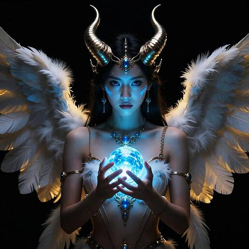 Fantasy Woman with Horns Holding Glowing Blue Orb