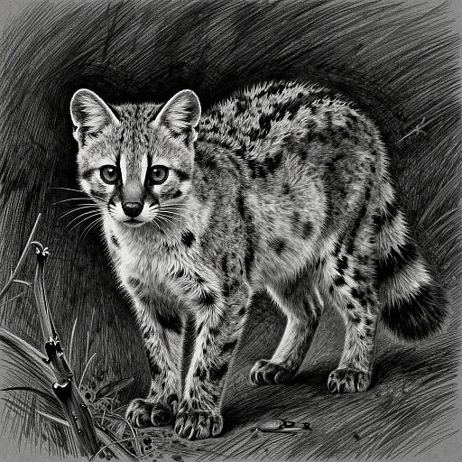 Black-and-white ink drawing of a spotted feline, resembling a serval, with large eyes, standing alert amidst dark, textured grass.
