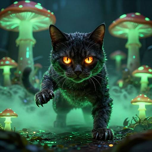 Digital artwork of a fierce, glowing-eyed black cat prowling through a mystical forest of bioluminescent mushrooms, casting green light.