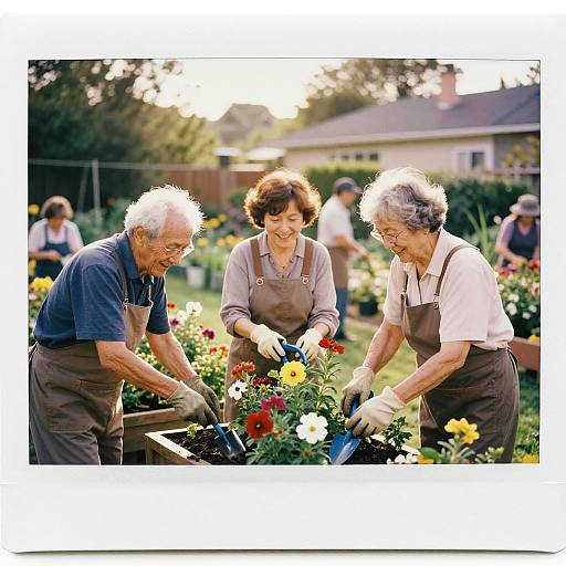 Photograph of three elderly gardeners, two men and one woman, tending vibrant flowers in a sunny backyard garden. They wear aprons and gloves