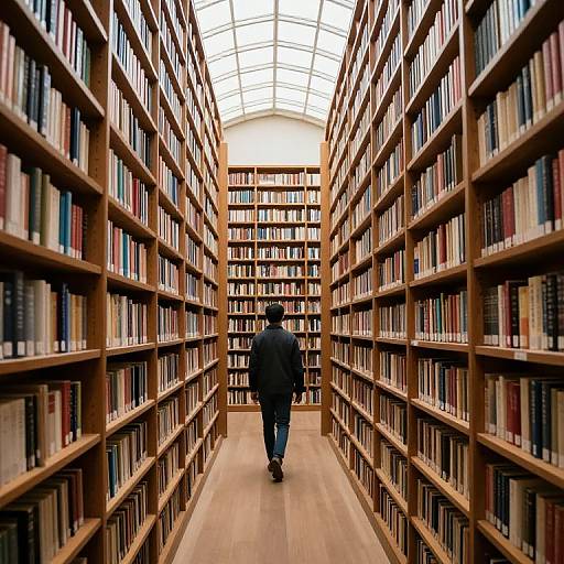 Photograph of a lone person in a black jacket and blue jeans walking down a long, wooden library aisle with tall bookshelves on both sides.