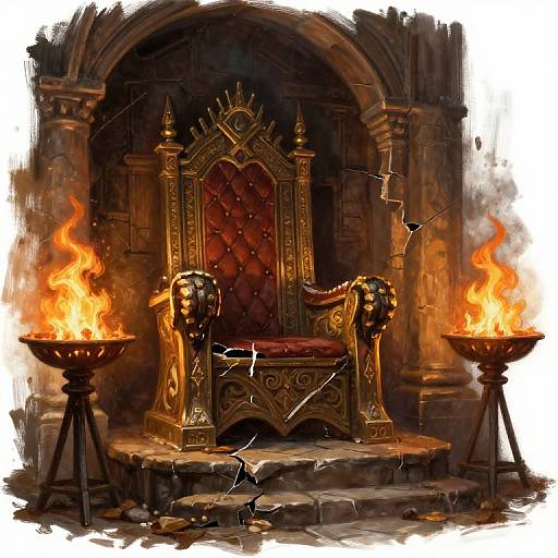 Gothic-style digital painting of an ornate, gold throne with red velvet, flanked by two burning torches in a dark, stone arch