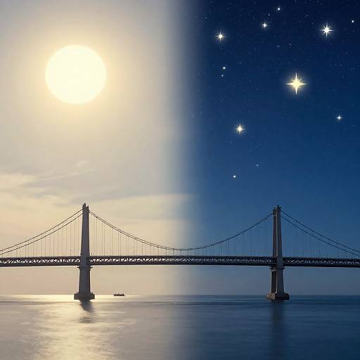 Digital artwork of a suspension bridge at night, illuminated by a bright full moon, with stars sparkling in the dark blue sky.