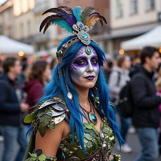 Photograph of a woman with blue hair, purple face paint, feathered headpiece, and leafy armor, standing in a bustling urban street.