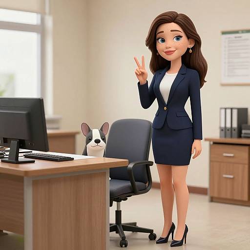 Digital cartoon of a smiling woman in a navy suit and black heels, flashing a peace sign, standing in an office with a desk, computer, and