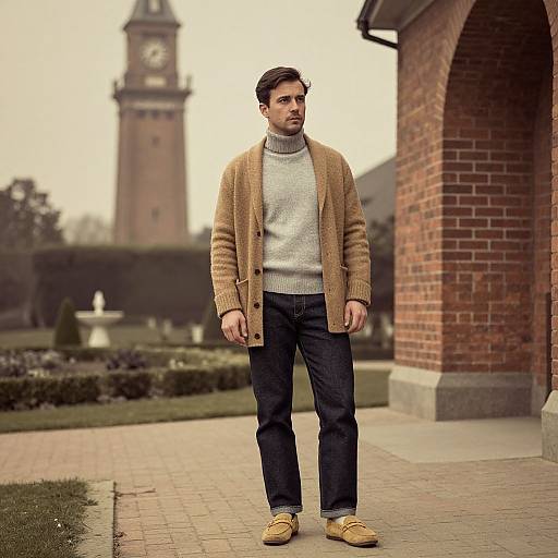 Photograph of a bearded man in a beige cardigan, gray turtleneck, dark jeans, and tan loafers, standing on a brick