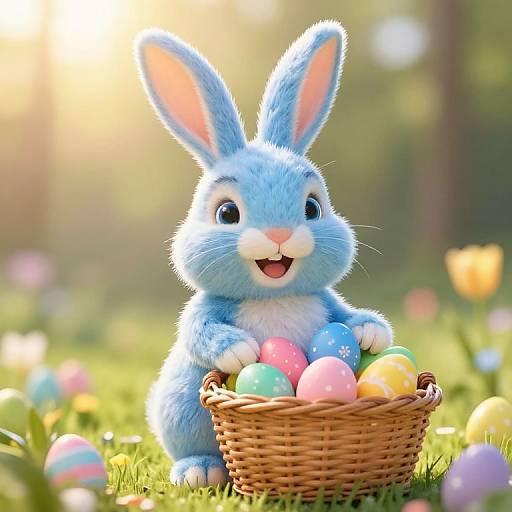 Digital illustration of a cute blue-furred bunny with pink inner ears, smiling, holding a basket of colorful Easter eggs in a sunlit, blurred grass