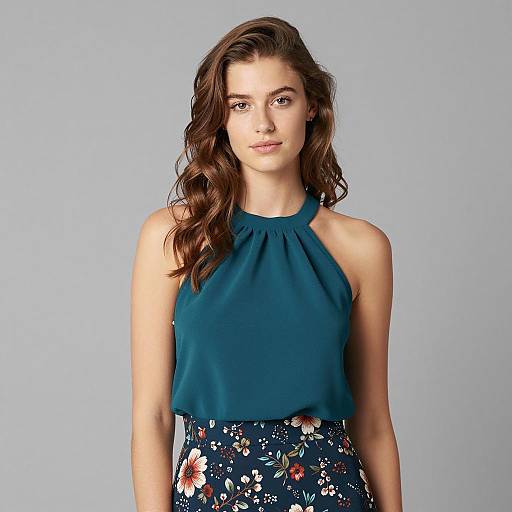 Young Woman Wearing Teal Halter Top and Floral Skirt