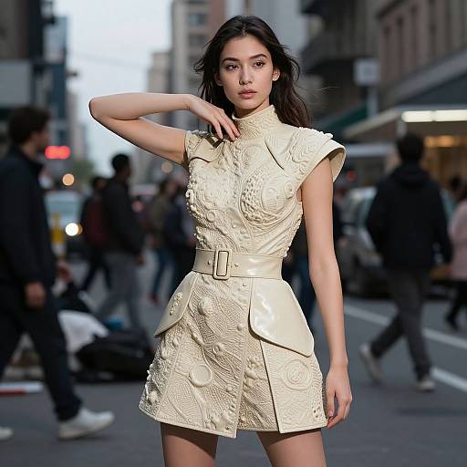 Photograph of an Asian woman with long black hair, wearing an elegant, cream-colored, textured dress with a belt, walking confidently on a busy urban