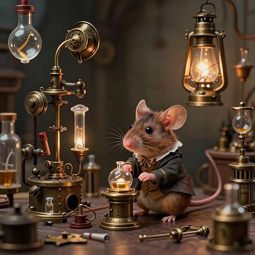 Photorealistic CGI of a mouse in a Victorian-style suit, surrounded by vintage brass lamps and glass bulbs, lit warmly in a dimly lit,
