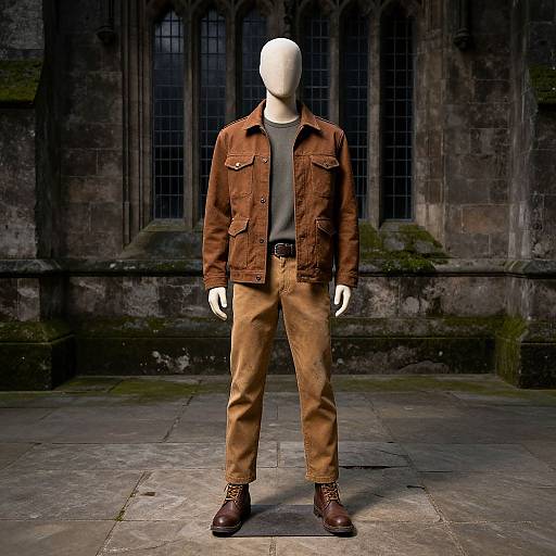 Photograph of a headless mannequin in a brown denim jacket, beige pants, black t-shirt, brown boots, standing in front of a