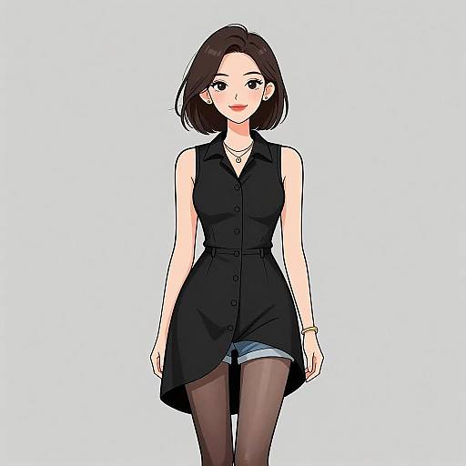 Digital anime-style drawing of a smiling woman with short brown hair, wearing a black sleeveless dress, denim shorts, black tights, and jewelry,