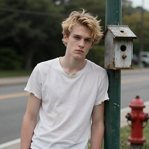 Serious Young Man by a Pole