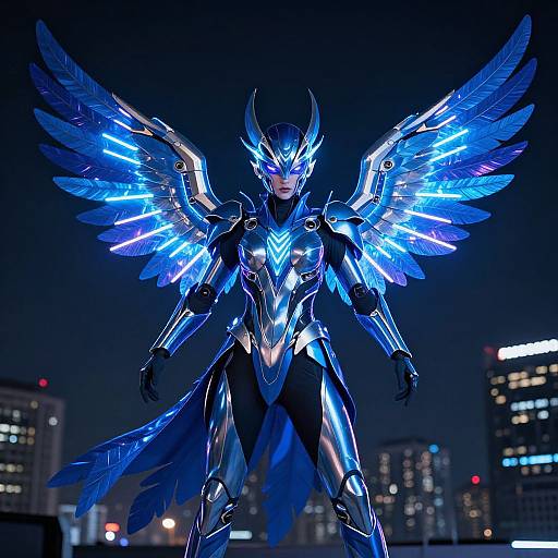 Photorealistic digital artwork of a glowing blue, winged, armored female warrior with neon accents, standing against a nighttime city skyline.