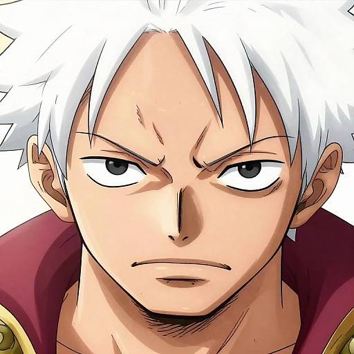 Anime-style digital drawing of a stern-faced, white-haired man with intense blue eyes, wearing a red and gold garment, focused expression.