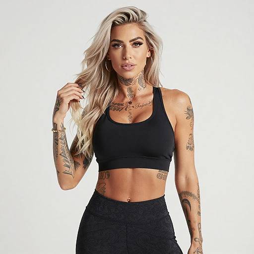 Tattooed Blonde Woman in Black Sportswear