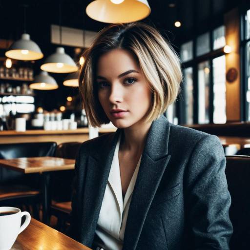 Young Woman with Stacked Bob Hairstyle in Cafe