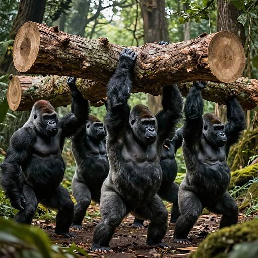 Photograph of five strong, black-furred gorillas in a lush forest, hanging onto a large, fallen tree trunk, displaying impressive physical strength and