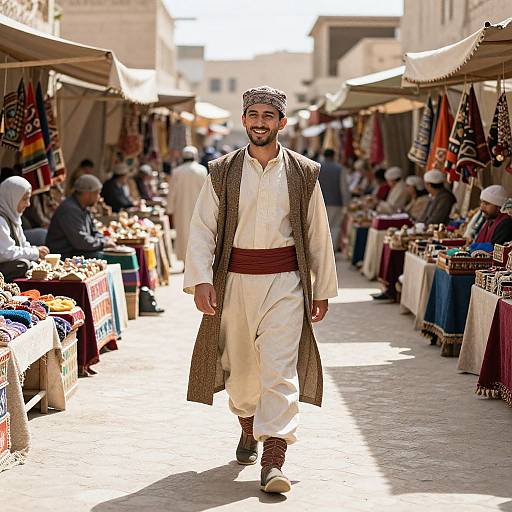 Photograph of a smiling Middle Eastern man in traditional white attire and brown vest, walking through a bustling outdoor market with colorful stalls.