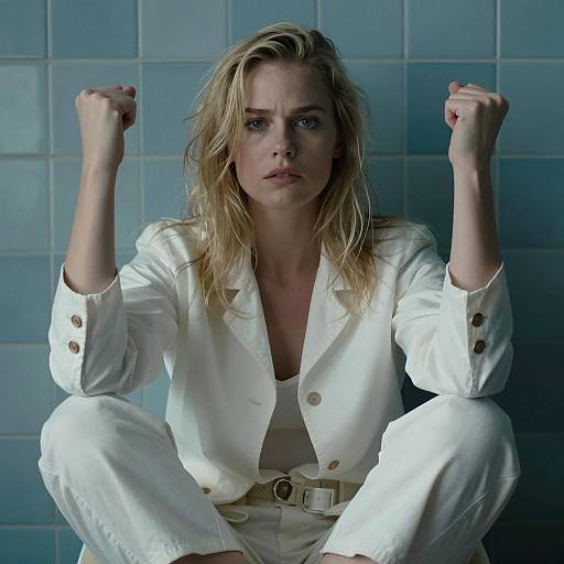 Serious Woman Sitting with Raised Fists