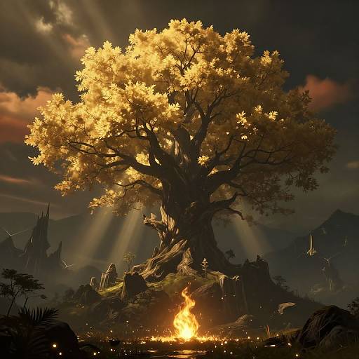 Digital fantasy artwork of a glowing, golden-leaved tree with a fiery base, set against a dark, misty landscape with silhouetted mountains