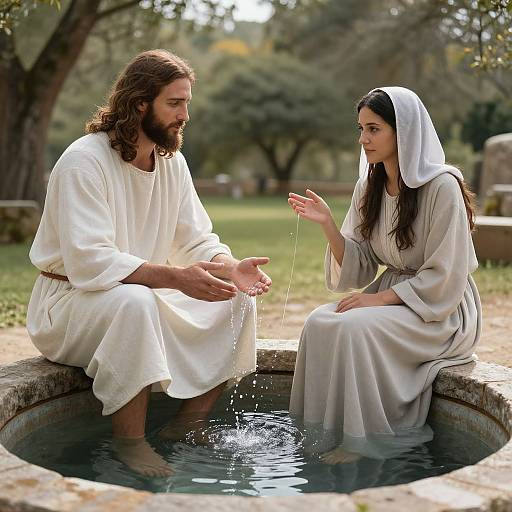 Photograph of Jesus, with long brown hair and beard, in a white robe, sitting beside a woman in a white veil and robe, both by